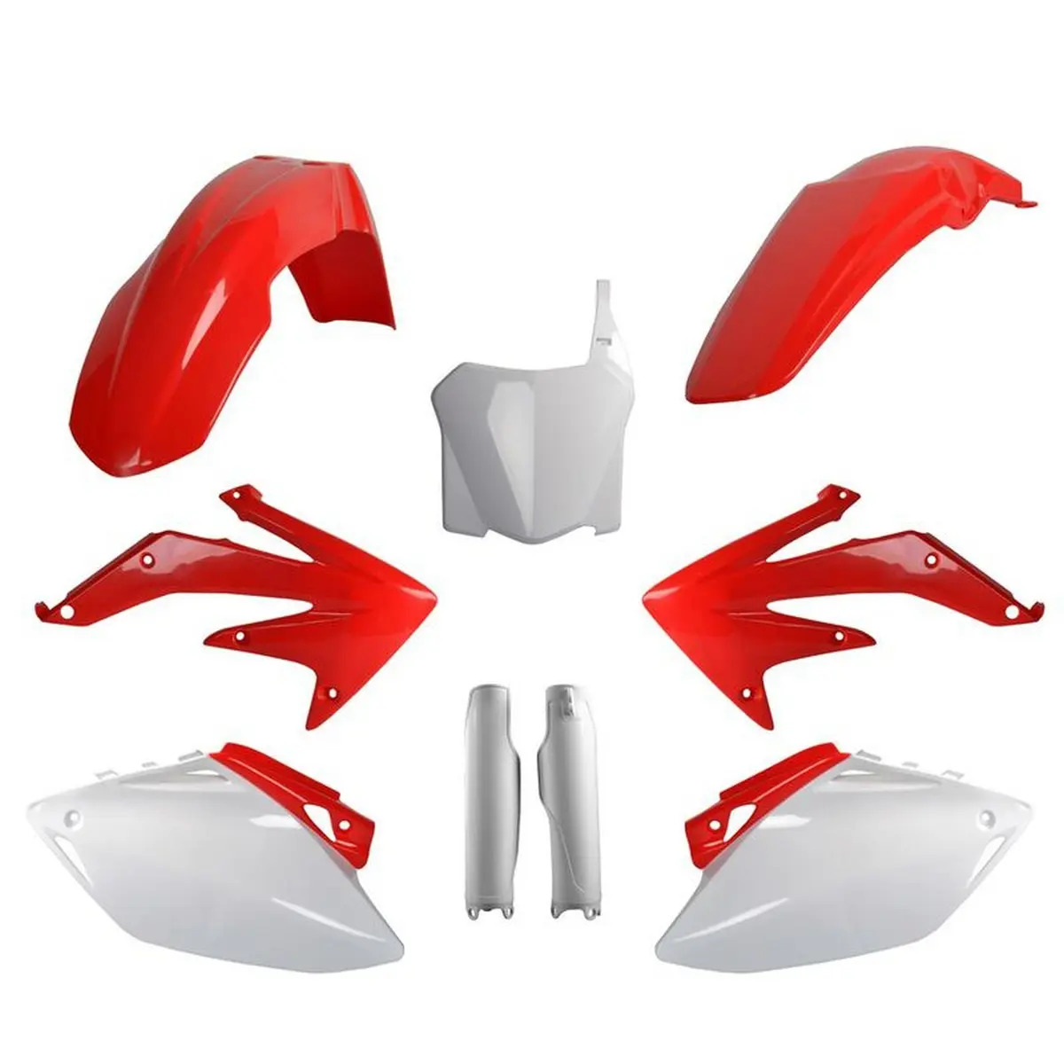 POLISPORT kompletní sada plastů (FULL KIT) HONDA CRF 450R 08 v sadě tabulka přední (8657500001) i kryty tlumičů (8351700001) barva červeno bílá OEM