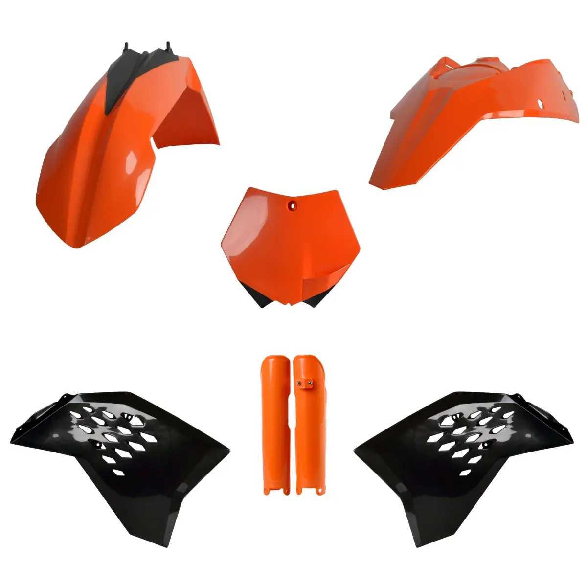 POLISPORT kompletní sada plastů (FULL KIT) KTM SX/SX-F/XC-F 07-10 v sadě přední tabulka (8664400001) a kryty tlumičů (8399000002) barva oranžová ( )