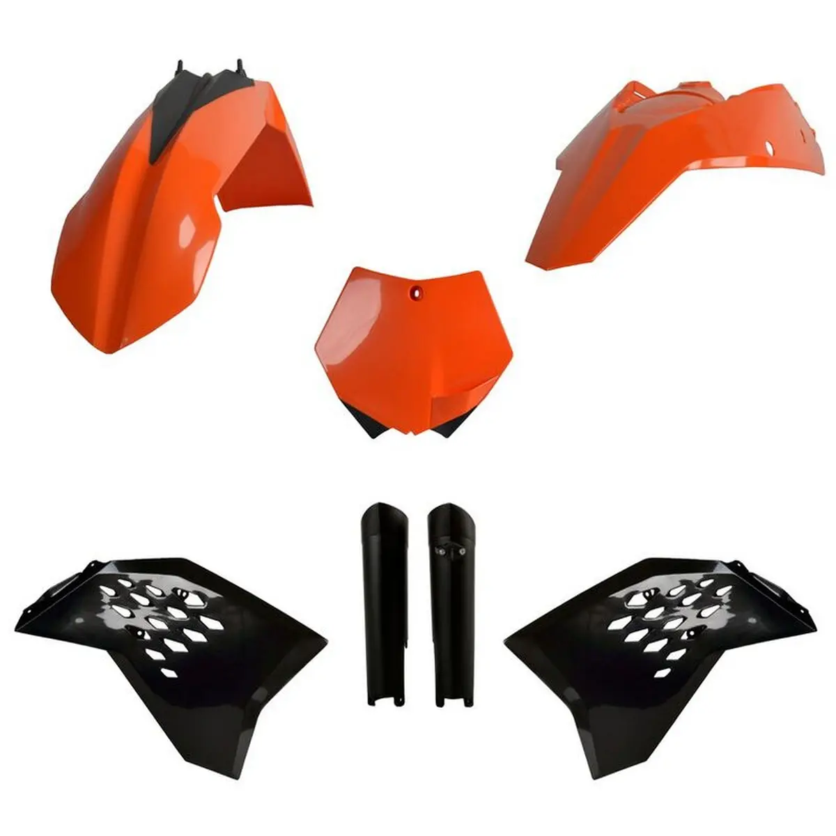 POLISPORT kompletní sada plastů (FULL KIT) KTM SX/SX-F/XC-F 07-10 v sadě tabulka přední (8664400001) i kryty tlumičů (8398500003) barva oranžová