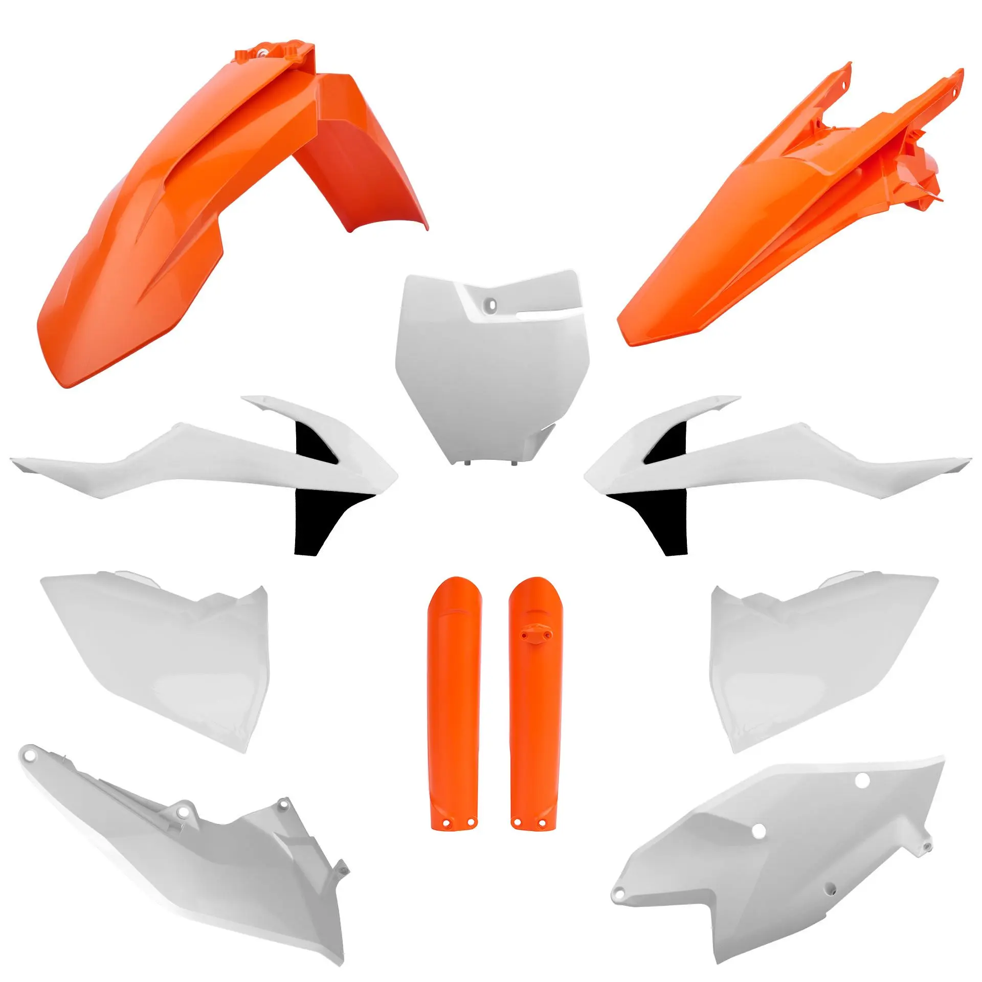 POLISPORT kompletní sada plastů (FULL KIT) KTM SX/SX-F/XC-F 16-18 v sadě přední tabulka (8664900001) a kryty tlumičů (8398600005) barva oranžová bílá