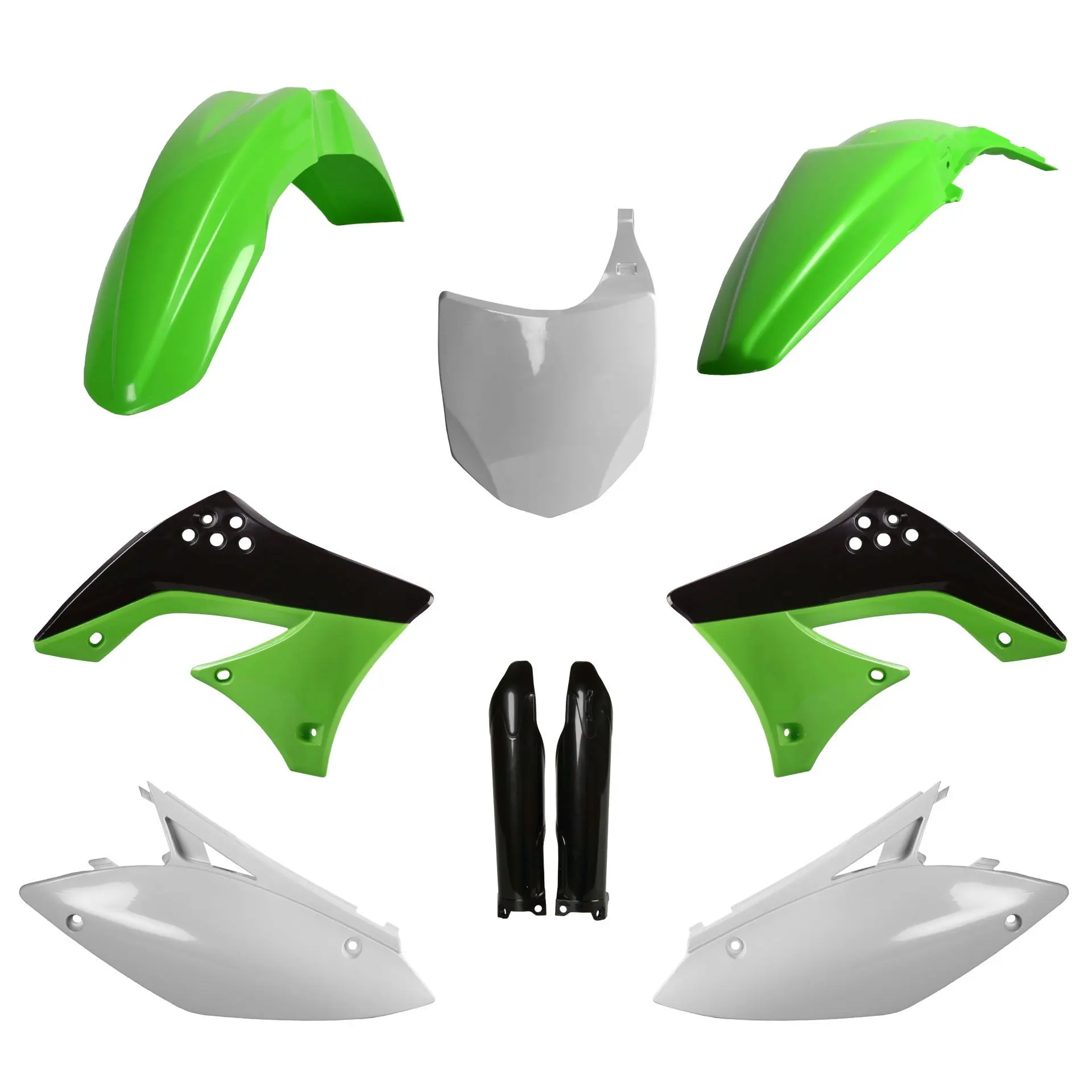 POLISPORT kompletní sada plastů (FULL KIT) KAWASAKI KX 450F 09-11 v sadě přední tabulka (8656800002) a kryty tlumičů (8351800002) barva zelená