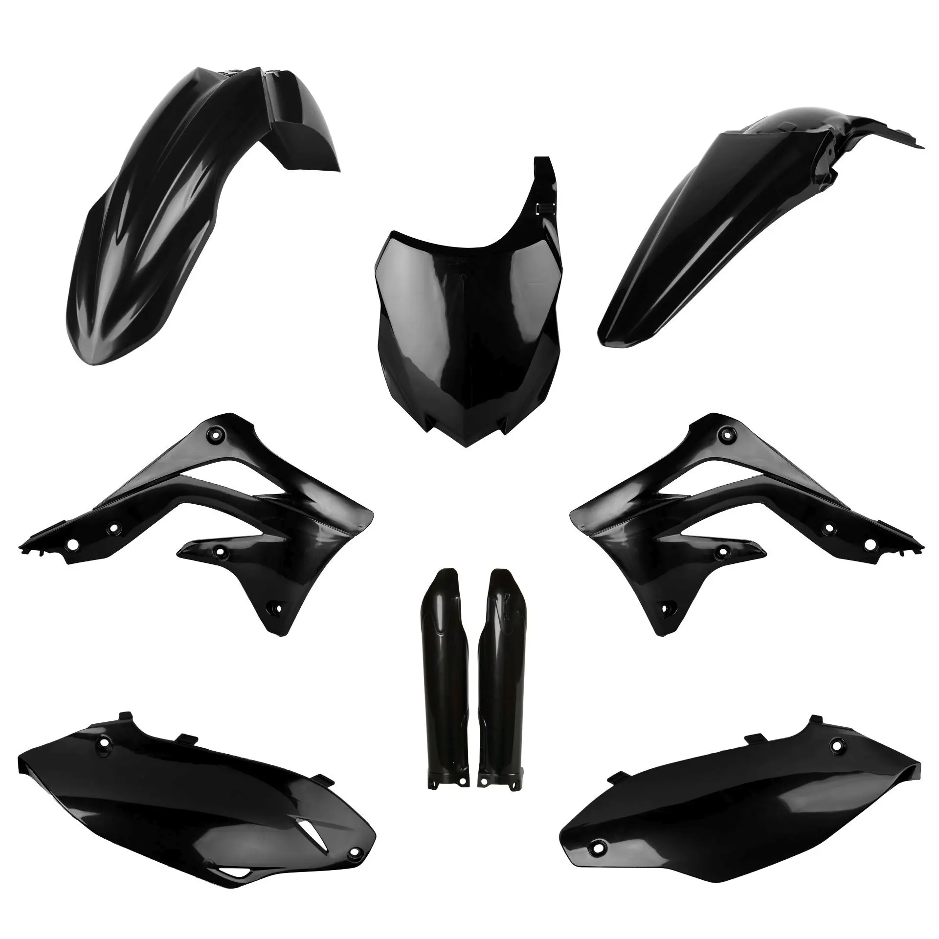 POLISPORT kompletní sada plastů (FULL KIT) KAWASAKI KX 450F 13-15 v sadě přední tabulka (8659200003) a kryty tlumičů (8351800002) barva černá