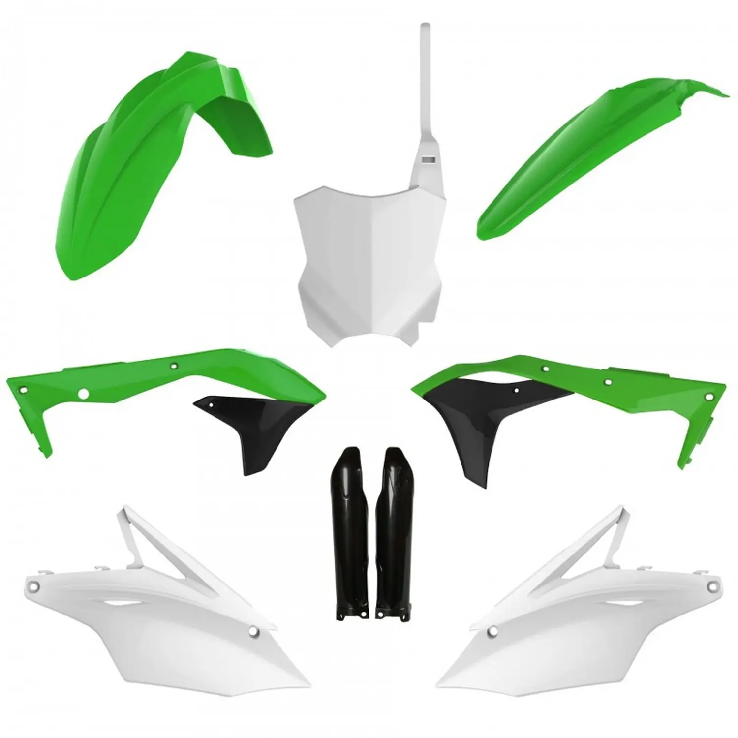 POLISPORT kompletní sada plastů (FULL KIT) KAWASAKI KX 450F 16-18 v sadě přední tabulka (8665900002) a kryty tlumičů (8351800002) barva zelená