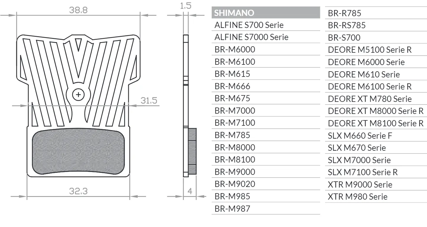 BRENTA BIKE brzdové destičky organické sport s chladičem vhodné pro SHIMANO XTR BR-M9000, BR-M9020, BR-M987, BR-M988, BR-M985, XT BR-M8000, BR-M785,