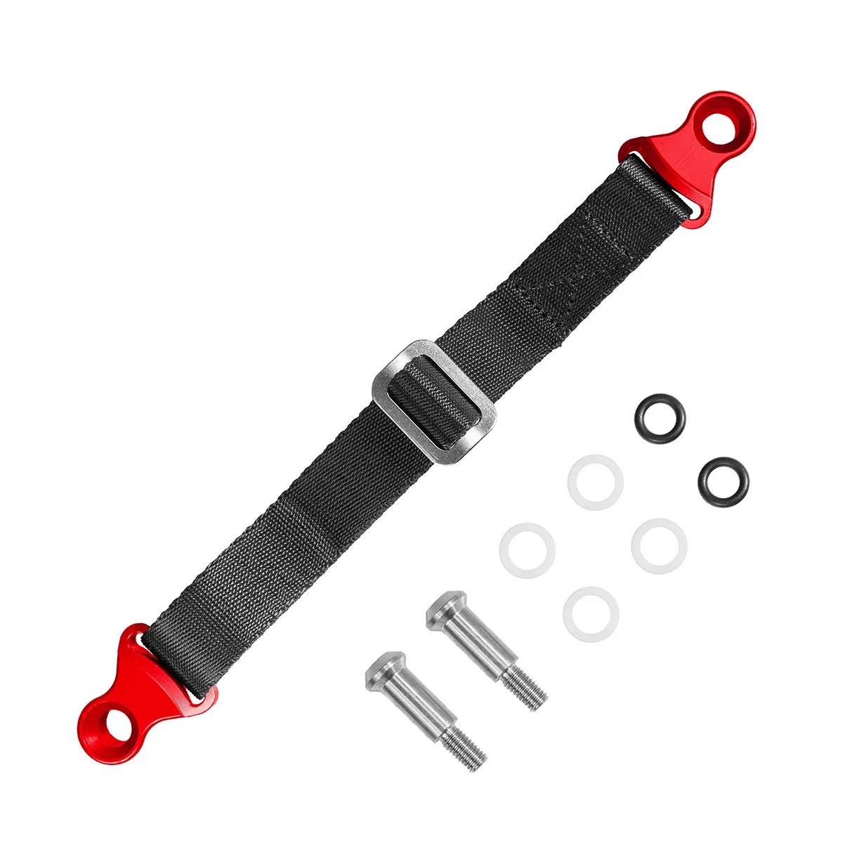 BIKETEC textilní pásek na vytahování motocyklu pro japonské motocykly včetně šroubů, 350mm X 2,5mm X 25mm barva černá/červená (BIKETEC textilní pásek)