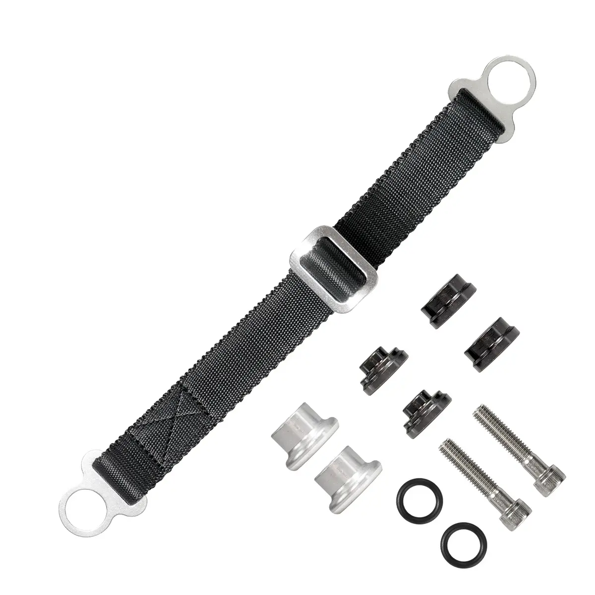 BIKETEC textilní pásek na vytahování motocyklu pro japonské motocykly sada šroubů (M8) a pouzder 330mm X 2,5mm X 25mm barva černá/černá ( )