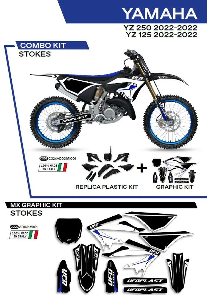 UFO kompletní sada plastů YAKIT324001 PLUS sada samolepek (dýhy) YAMAHA YZ 125/250 22-26, v sadě přední tabulka (YA04860) a kryty tlumičů (YA04814)