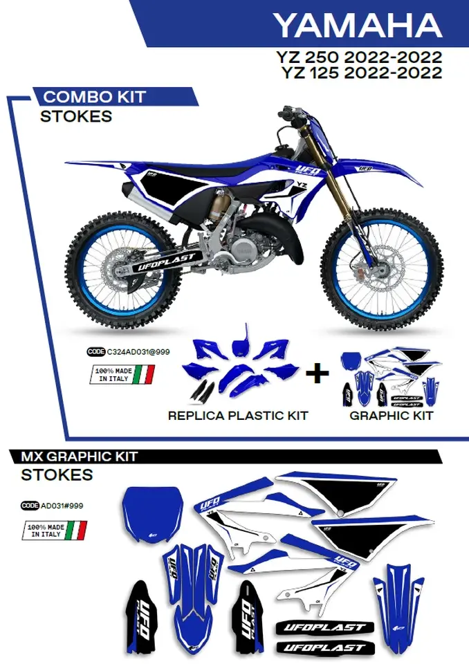 UFO kompletní sada plastů YAKIT324999 PLUS sada samolepek (dýhy) YAMAHA YZ 125/250 22-26, v sadě přední tabulka (YA04860) a kryty tlumičů (YA04814)