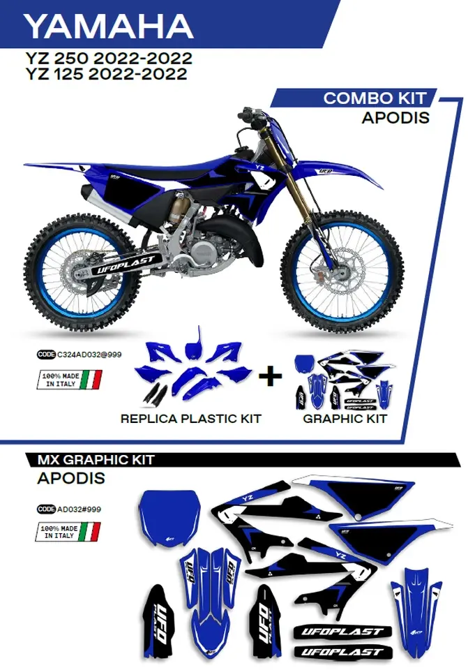 UFO kompletní sada plastů YAKIT324999 PLUS sada samolepek (dýhy) YAMAHA YZ 125/250 22-26, v sadě přední tabulka (YA04860) a kryty tlumičů (YA04814)