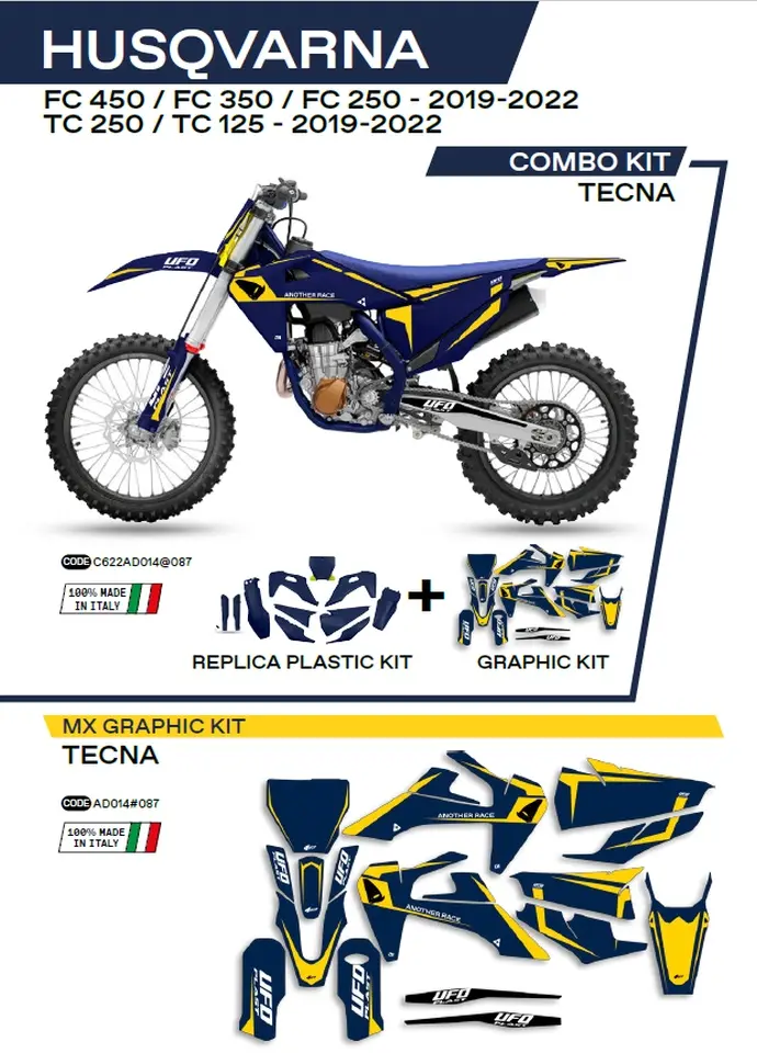UFO kompletní sada plastů HUKIT622087 PLUS sada samolepek (dýhy) HUSQVARNA TC 125/250 19-22; FC 250/350/450 19-22 v sadě přední tabulka (HU04303) a