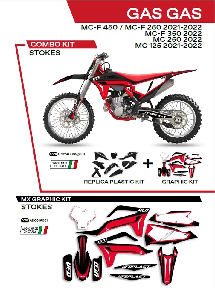 UFO kompletní sada plastů GGKIT702001 PLUS sada samolepek (dýhy) GAS GAS MC 125 21-22; MC 250 22; MCF 250/350/450 21-22 v sadě přední tabulka