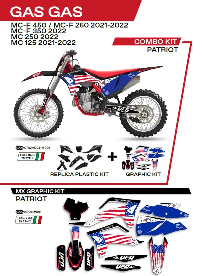 UFO kompletní sada plastů GGKIT702001 PLUS sada samolepek (dýhy) GAS GAS MC 125 21-22; MC 250 22; MCF 250/350/450 21-22 v sadě přední tabulka
