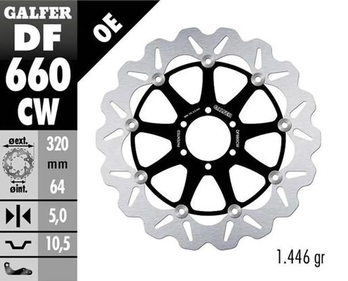 GALFER brzdový kotouč přední APRILIA; BENELLI; BIMOTA; CAGIVA; DUCATI; KTM, MOTO GUZZI; YAMAHA (320X64X5) (WAVE FLOATING) (GALFER brzdový kotouč)