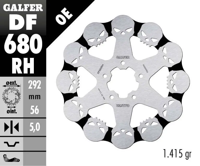 GALFER přední brzdový kotouč HARLEY-DAVIDSON (292X56X5) plovoucí SKULL (motiv lebky) (GALFER přední brzdový kotouč HARLEY-DAVIDSON (292X56X5))