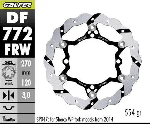 GALFER přední brzdový kotouč SHERCO SE/SEF 250/300/450/500 09- (pouze s odpružením SACHS; WP vyžaduje SP047) WAVE (270X120X3mm) (GALFER přední)