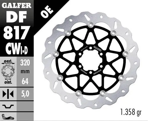 GALFER přední brzdový kotouč BMW HP 4 12-; S 1000R/RR 09-23; MOTO GUZZI 1400 AUDACE 15-; 1400 CALIFORNIA 13- (pravý) (WAVE FLOATING) (320X64X5mm)
