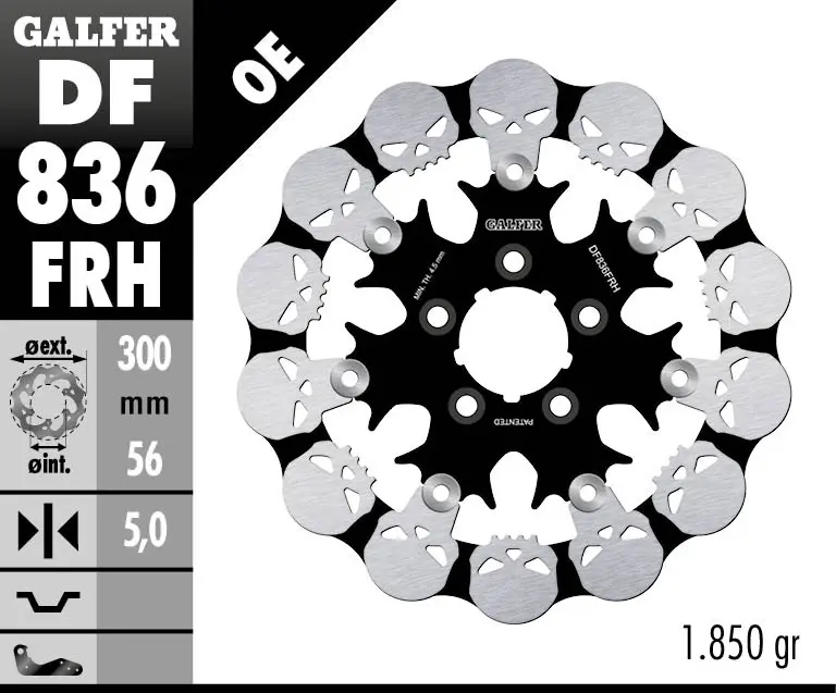 GALFER brzdový kotouč zadní HARLEY-DAVIDSON (300X56X5) plovoucí SKULL (motiv lebky) (GALFER brzdový kotouč zadní HARLEY-DAVIDSON (300X56X5) plovoucí)