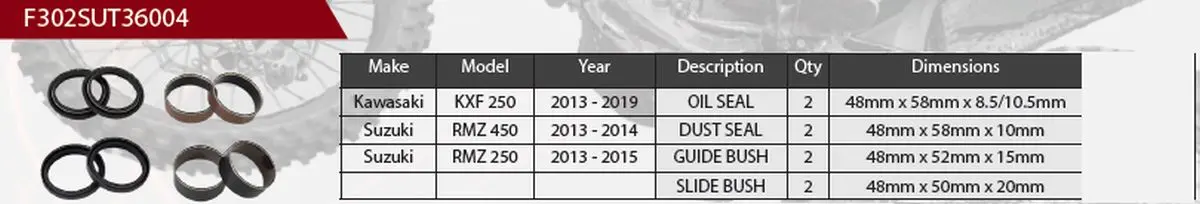 SHOWA opravná sada tlumiče přední KAWASAKI KXF 250 13-19, SUZUKI RMZ 450 13-14, RMZ 250 13-15, (těsnění olejová X 2, prachová X 2, pouzdra X 4)