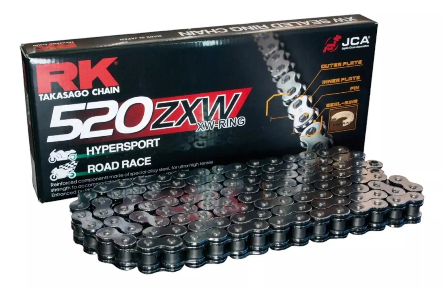 RK hnací řetěz 520ZXW-122 (XW-RING) nýtovací spojka (CLF) v sadě barva STANDARD (objem: do 1200 ccm) (RK hnací řetěz 520ZXW-122 (XW-RING) nýtovací)