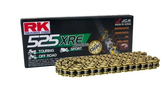 RK hnací řetěz GB525XRE-120 (XW-RING) nýtovací spojka (CLF) v sadě barva zlatá (objem: do 1000 ccm) (RK hnací řetěz GB525XRE-120 (XW-RING) nýtovací)