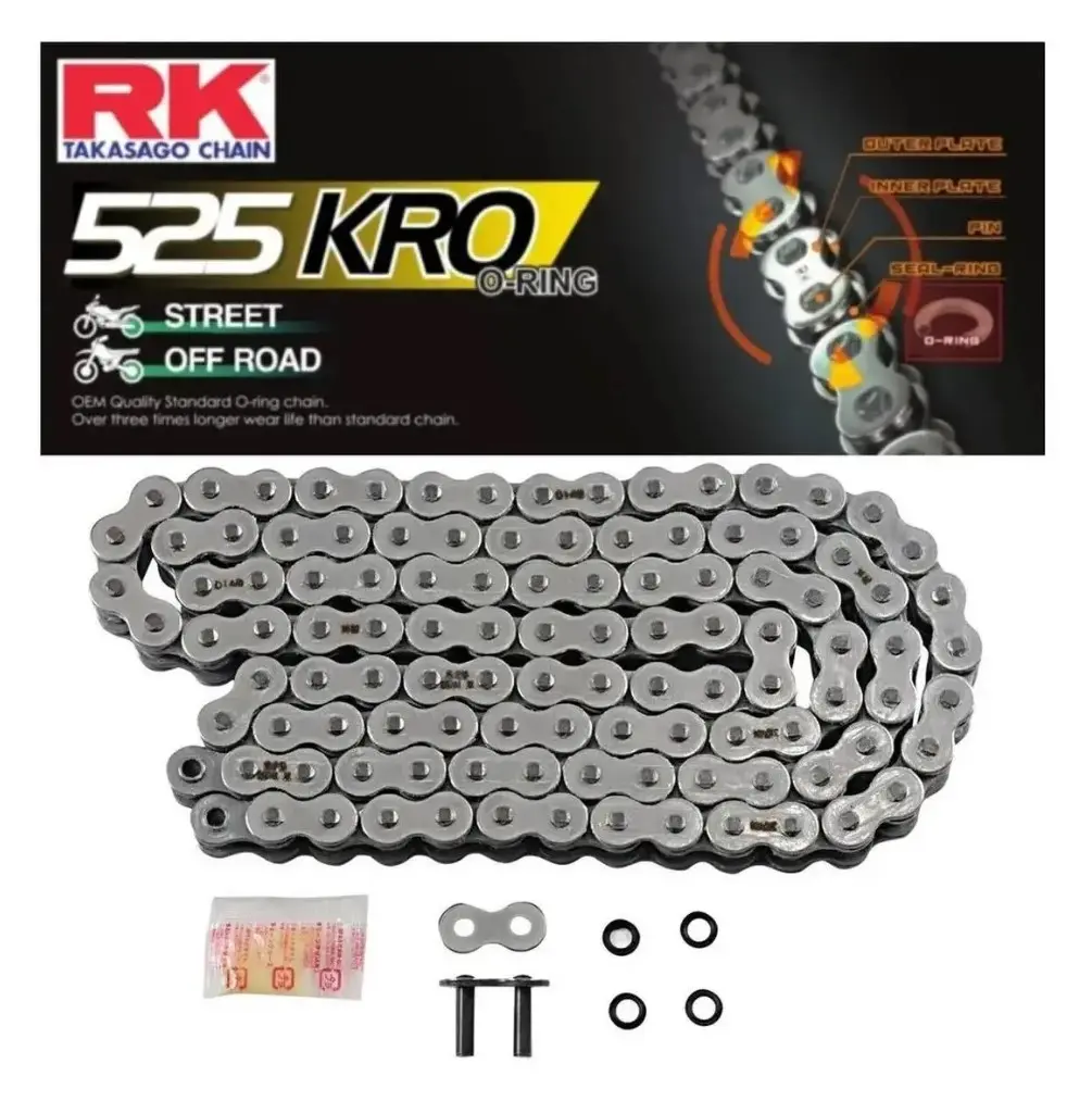 RK hnací řetěz 525KRO-124 (O-kroužek) nýtovací spojka (CLF) v sadě barva STANDARD (objem: do 800 ccm) (RK hnací řetěz 525KRO-124 (O-kroužek) nýtovací)