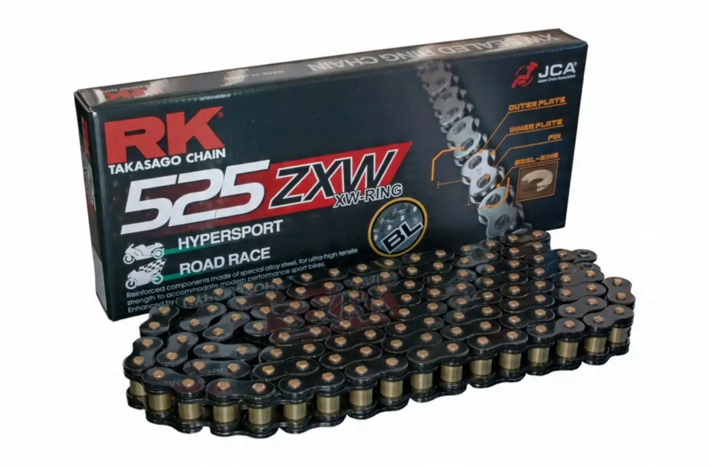 RK hnací řetěz BL525ZXW-120 (XW-RING) nýtovací spojka (CLF) v sadě barva černá (objem: do 1200 ccm) (RK hnací řetěz BL525ZXW-120 (XW-RING) nýtovací)