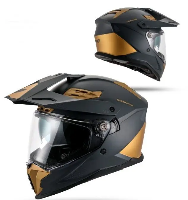 UFO helma COSMOS OFFROAD / DUAL / TOURER / CROSSOVER se štítem, kšiltem a sluneční clonou barva černá/zlatá velikost XS ( ECE 22R06 ) - kolekce 2026