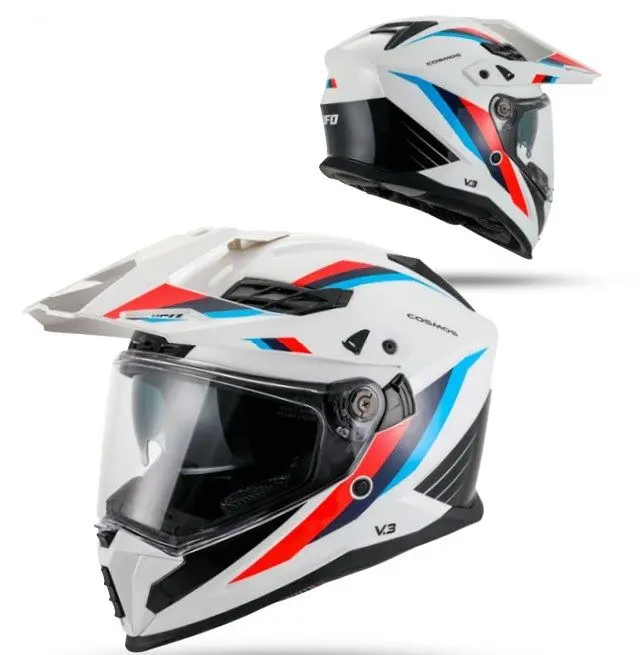 UFO helma COSMOS OFFROAD / DUAL / TOURER / CROSSOVER se štítem, kšiltem a sluneční clonou barva bílá/červená velikost XL ( ECE 22R06 ) - kolekce 2026