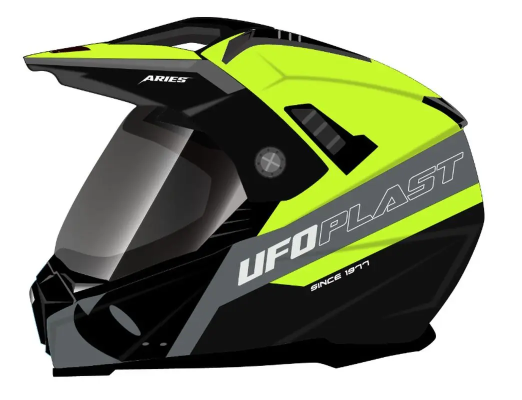 UFO přilba ARIES OFFROAD / DUAL / TOURER / CROSSOVER se štítem, kšiltem a sluneční clonou barva černá/šedá/žlutá fluo velikost S (ECE 22R06) (UFO)