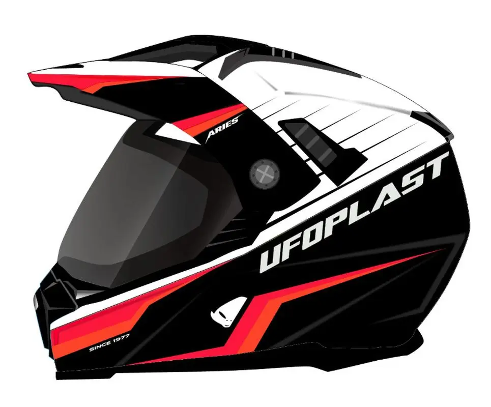 UFO přilba ARIES OFFROAD / DUAL / TOURER / CROSSOVER se štítem, kšiltem a sluneční clonou barva černá/bílá/červená fluo velikost S (ECE 22R06) (UFO)