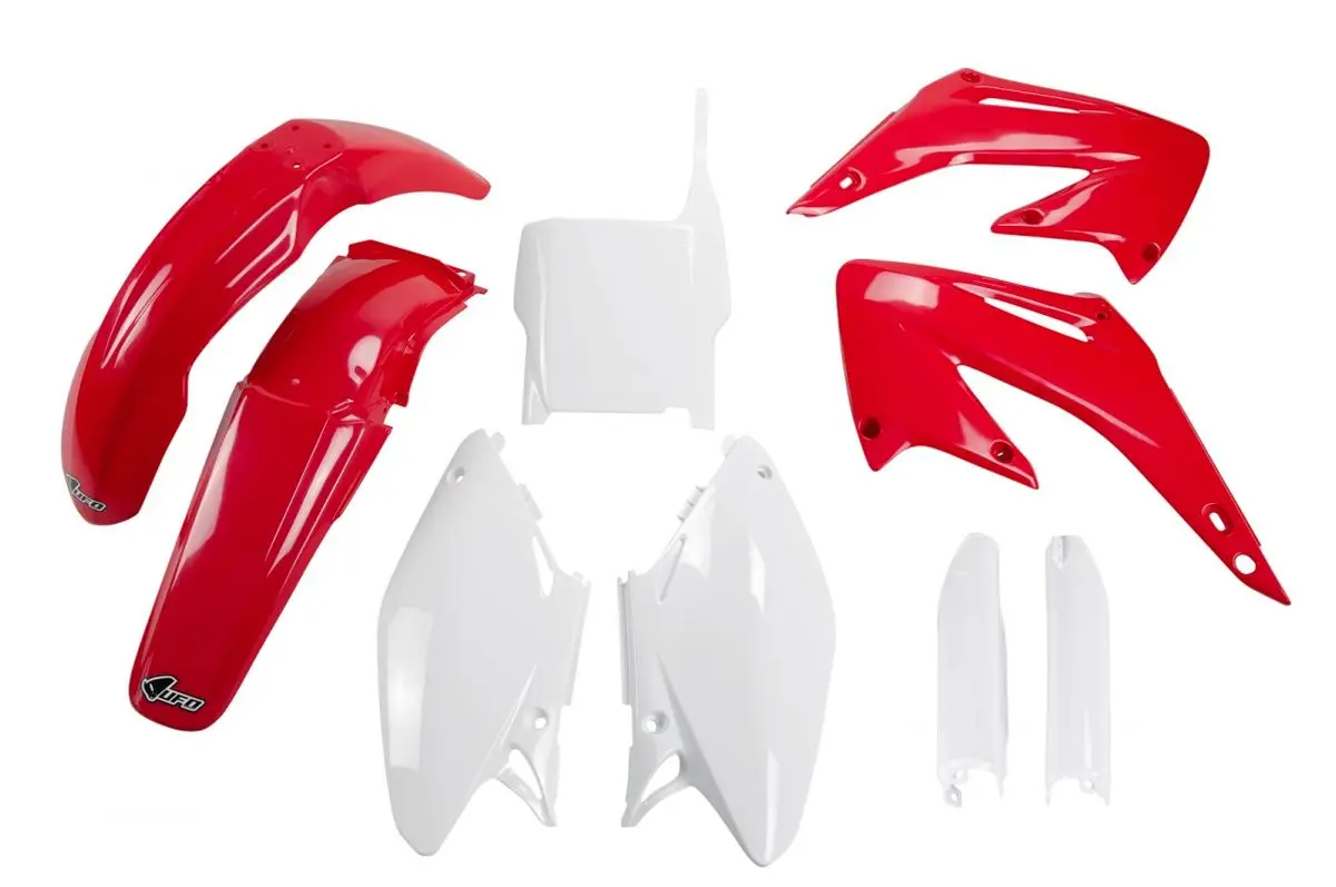 UFO kompletní sada plastů (FULL KIT) s kryty tlumičů HONDA CR 125/250 04-07 barva OEM (červená/bílá) (HO103E999) (UFO kompletní sada plastů (FULL)