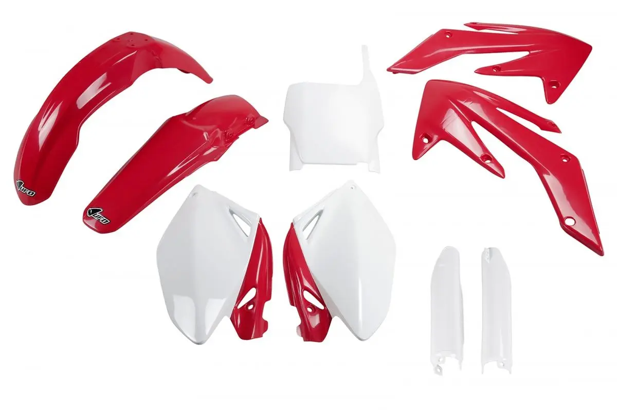 UFO kompletní sada plastů (FULL KIT) s kryty tlumičů HONDA CRF 250R 06-07 barva OEM (červená/bílá) (HO105E999) (UFO kompletní sada plastů (FULL KIT))
