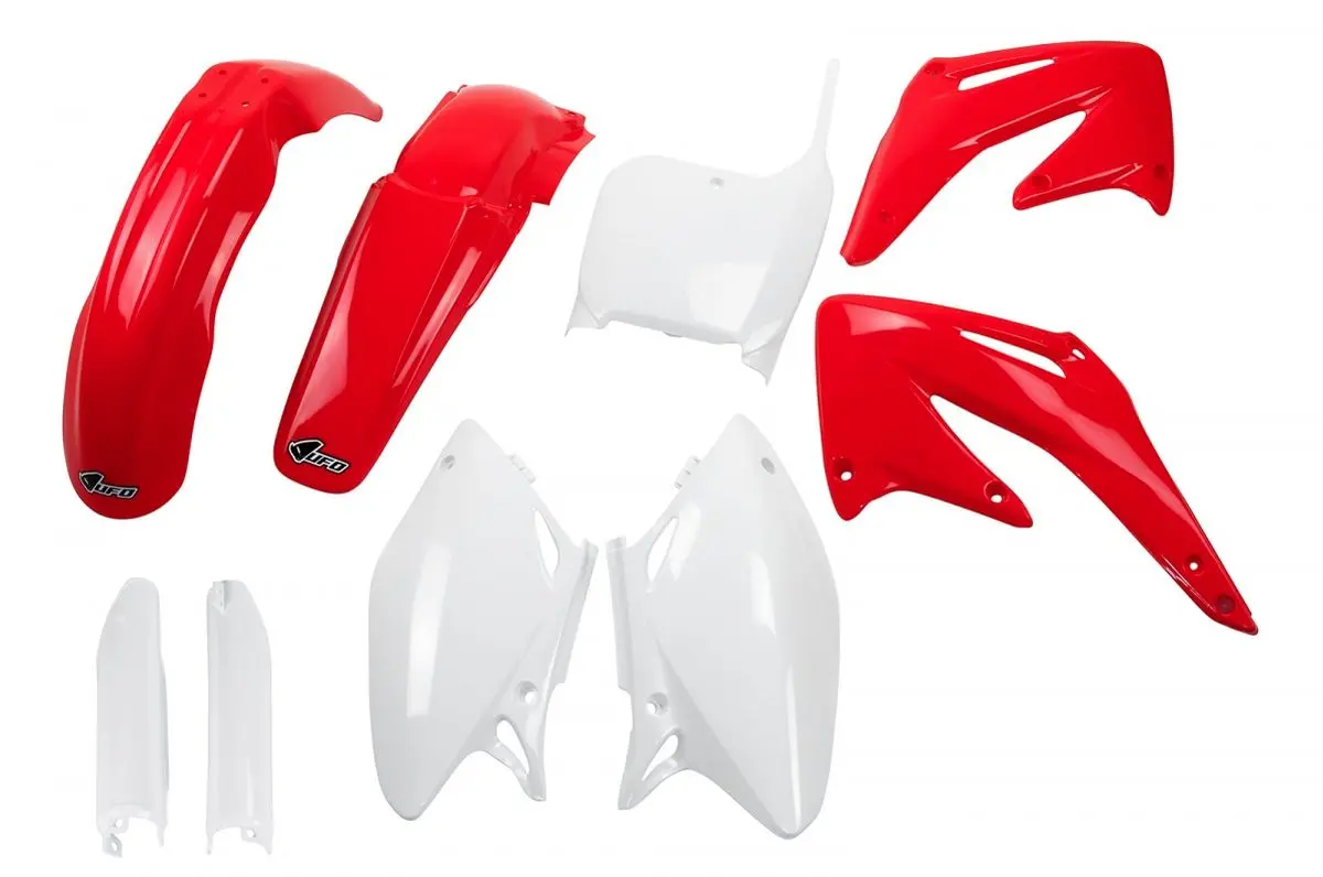 UFO kompletní sada plastů (FULL KIT) s kryty tlumičů HONDA CRF 450 R 02-03 barva OEM (červená/bílá) (HO106E999) (UFO kompletní sada plastů (FULL KIT))