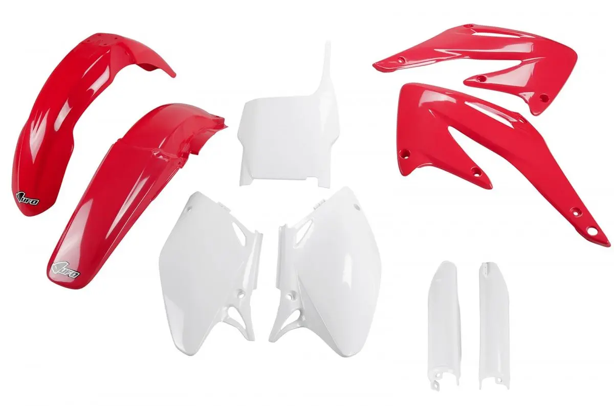 UFO kompletní sada plastů (FULL KIT) s kryty tlumičů HONDA CRF 450 R 04 barva OEM (červená/bílá) (HO107E999) (UFO kompletní sada plastů (FULL KIT) s)
