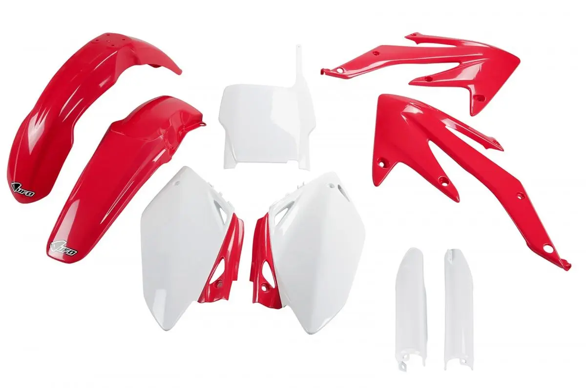 UFO kompletní sada plastů (FULL KIT) s kryty tlumičů HONDA CRF 450 R 05-06 barva OEM (červená/bílá) (HO108E999) (UFO kompletní sada plastů (FULL KIT))