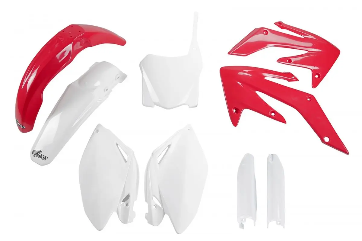 UFO kompletní sada plastů (FULL KIT) s kryty tlumičů HONDA CRF 250R 08-09, barva OEM 09 (červená/bílá) (UFO kompletní sada plastů (FULL KIT) s kryty)