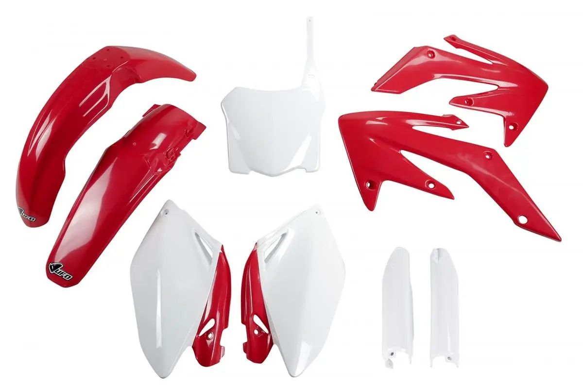 UFO kompletní sada plastů (FULL KIT) s kryty tlumičů HONDA CRF 250R 08-09 barva OEM 08 (červená/bílá) (HO112E999) (UFO kompletní sada plastů (FULL)