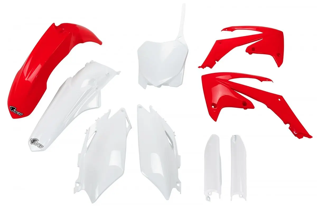 UFO kompletní sada plastů (FULL KIT) s kryty tlumičů HONDA CRF 250R 11-13, CRF 450R 11-12 barva OEM (červená/bílá) (HO115E999) (UFO kompletní sada)