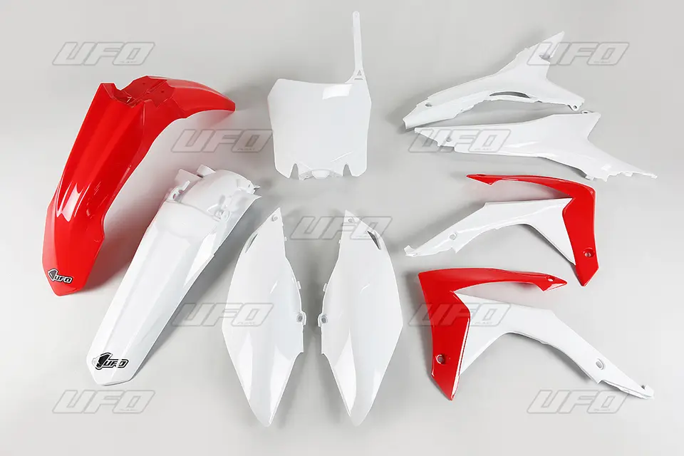 UFO kompletní sada plastů HONDA CRF 250R 14-17, CRF 450R 13-16 s kryty vzduchových filtrů barva OEM (červená/bílá) (HO121E999) (UFO kompletní sada)