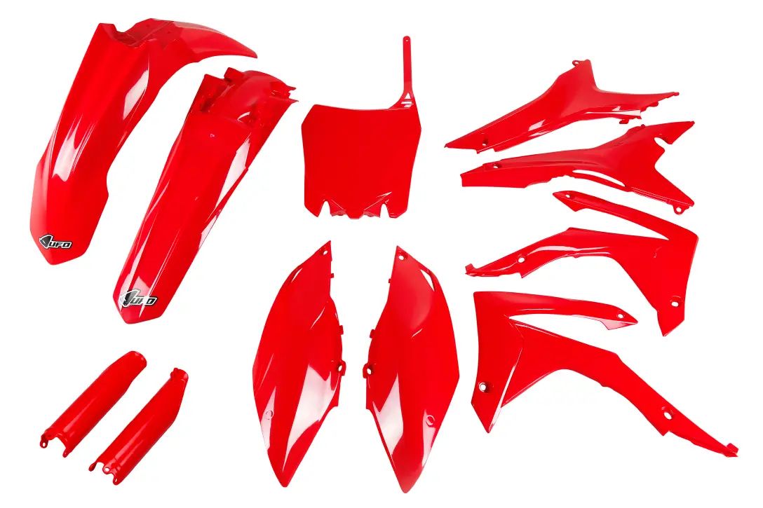 UFO kompletní sada plastů (FULL KIT) s kryty tlumičů HONDA CRF 250R 14-17, CRF 450R 13-16 s kryty vzduchového filtru barva červená (UFO kompletní)