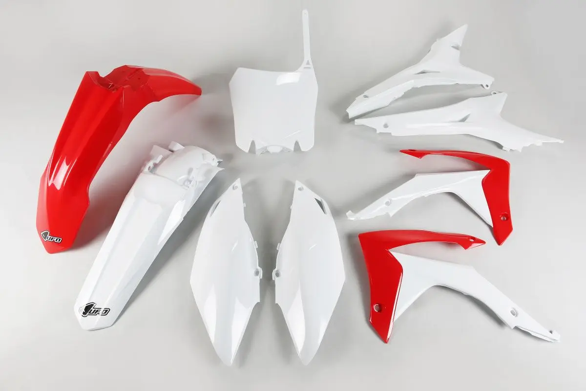 UFO kompletní sada plastů HONDA CRF 250R 14-17, CRF 450R 13-16 s kryty vzduchového filtru barva OEM (červená/bílá) (UFO kompletní sada plastů HONDA)