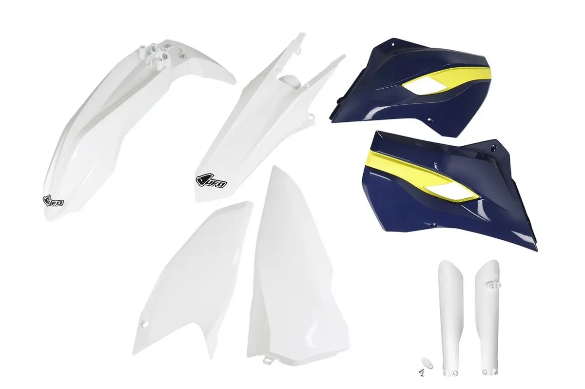 UFO kompletní sada plastů (FULL KIT) s kryty tlumičů HUSQVARNA TE/FE 125/250/300/350/450 15-16 barva OEM 15 (bílá/žlutá) (HU615E999) (UFO kompletní)
