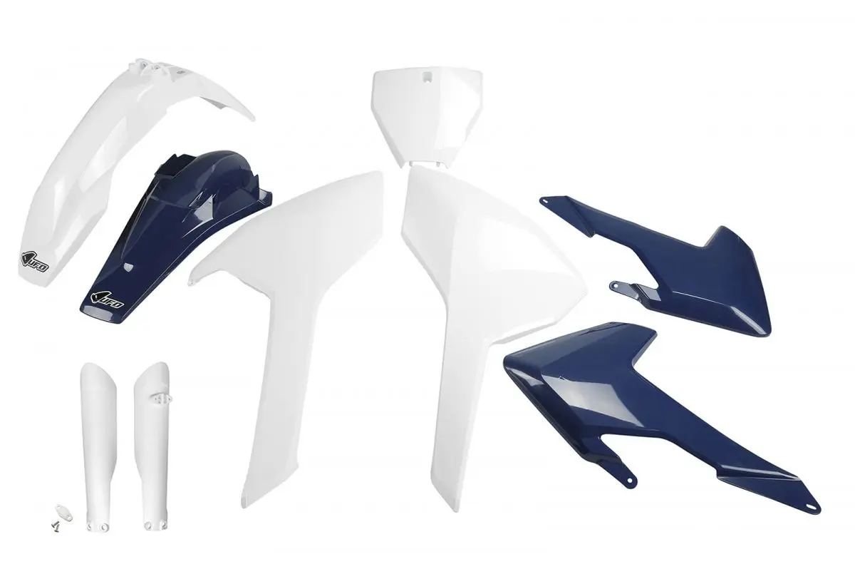UFO kompletní sada plastů (FULL KIT) s kryty tlumičů HUSQVARNA TC/FC 125/250/300/350/450 16-18 (kromě TC 250 16) barva OEM 16 (bílá/modrá) (HU616E999)