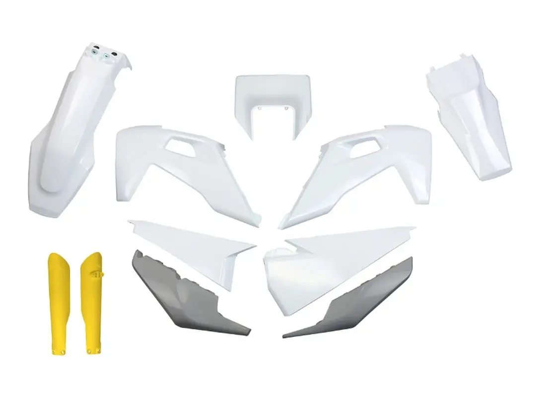 UFO kompletní sada plastů (FULL KIT) s kryty tlumičů HUSQVARNA TX / TE 125 / 150 / 250 / 300 20-22, FE 250 / 350 / 450 / 501 20-23 barva bílá šedá