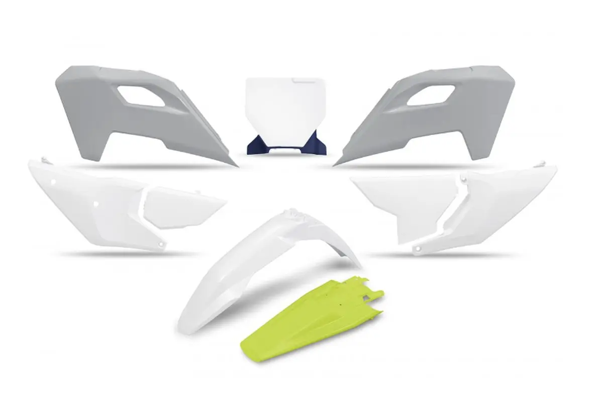 UFO kompletní sada plastů HUSQVARNA TC 125 / 250 23-24, FC 250 / 350 / 450 23-24, FX 350 / 450 23-24, TX 300 24, barva OEM bílá žlutá (UFO kompletní)