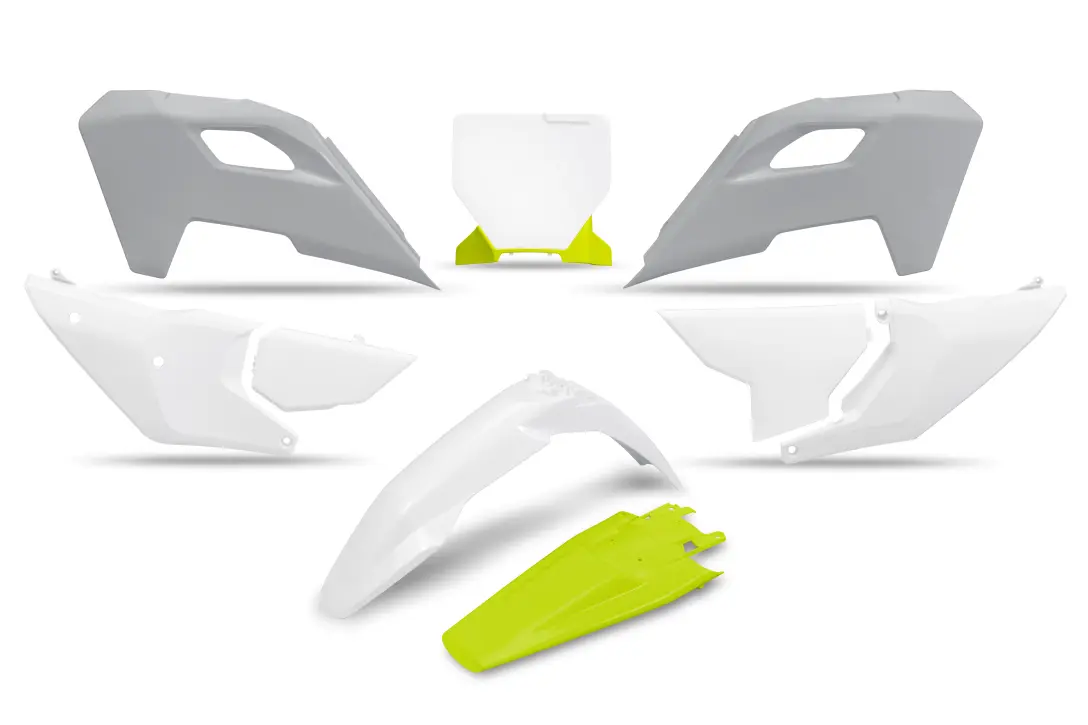 UFO kompletní sada plastů HUSQVARNA TC 125 / 250 23-24, FC 250 / 350 / 450 23-24, FX 350 / 450 23-24, TX 300 24, barva OEM 24 ( bílá / žlutá )