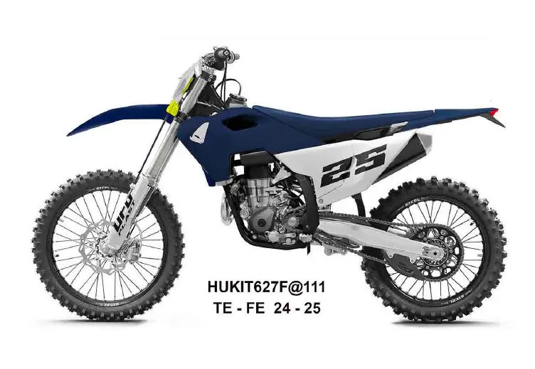 UFO kompletní sada plastů (FULL KIT) s kryty tlumičů HUSQVARNA TE 150 / 250 / 300 24-25, FE 250 / 350 / 450 / 501 24-25 barva tmavě modrá / bílá