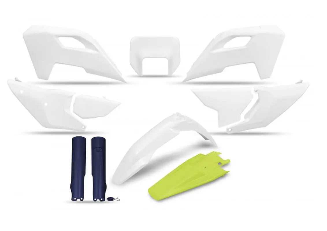 UFO kompletní sada plastů (FULL KIT) s kryty tlumičů HUSQVARNA TE 150 / 250 / 300 24-25, FE 250 / 350 / 450 / 501 24-25 barva OEM bílá žlutá ( )