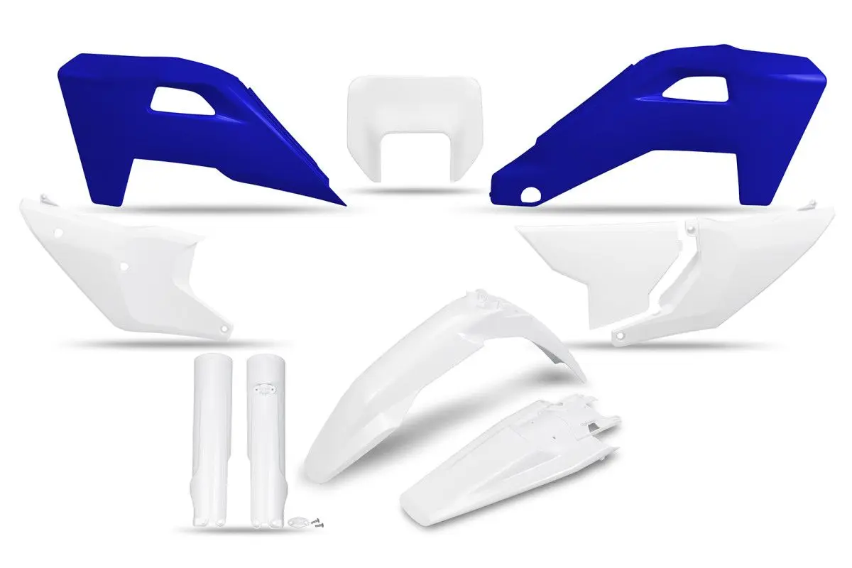 UFO kompletní sada plastů (FULL KIT) s kryty tlumičů HUSQVARNA FE 250 / 350 / 450 / 501 25-26, TE 250 / 300 HERITAGE 25-26 barva bílá / modrá (UFO)