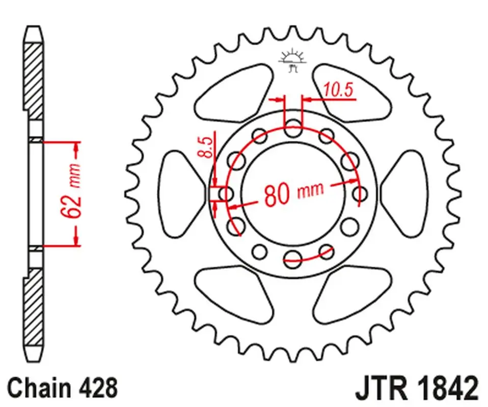 JT zadní řetězové kolečko 842 50 YAMAHA YZ 80 '81-83', DT 125/175 '74-77',TW 125 '99-02', TW 200 '89-', XT 350 '85-00' (84250JT) (řetěz 428) (JT)